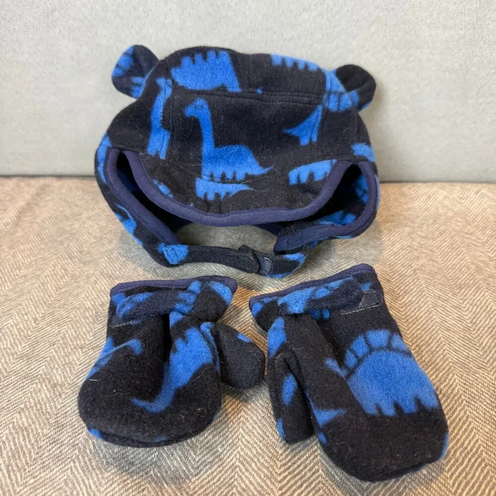 Baby Gap Blue Dinosaur Fleece Trapper Hat Mittens Set Ears Winter 6-12 Months